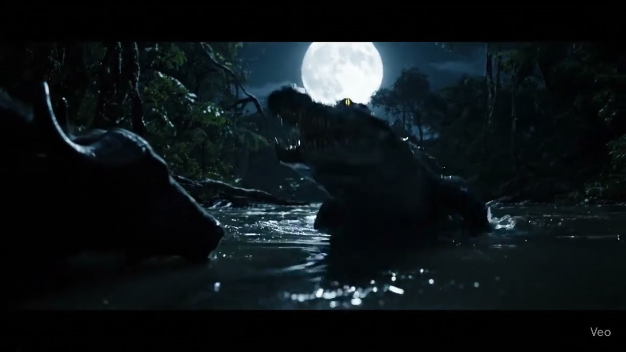 Giant crocodile attacks a buffalo at night in the jungle 