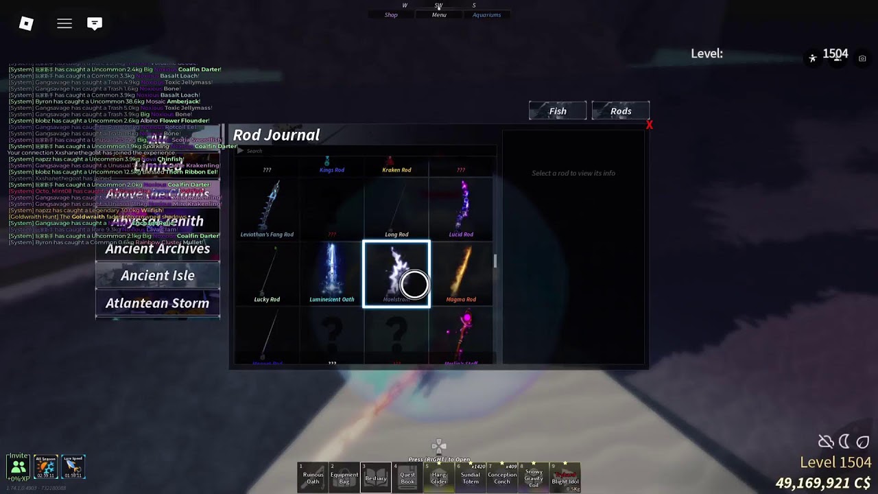 Fisch: Day 102 Grinding for Rare Rods & Compete the Bestiary