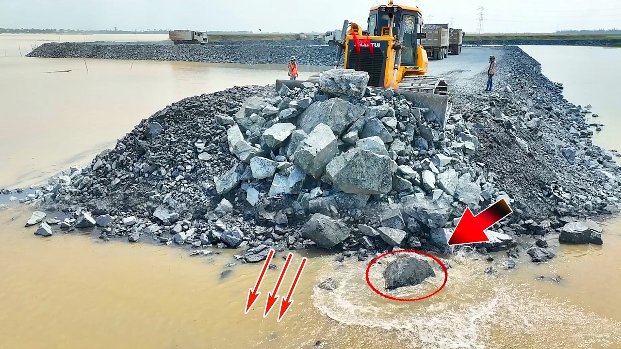 Nice Excellent Action Develop New Road on Big Lake by SHANTUI Bulldozer Pushing Rock & truck Unload