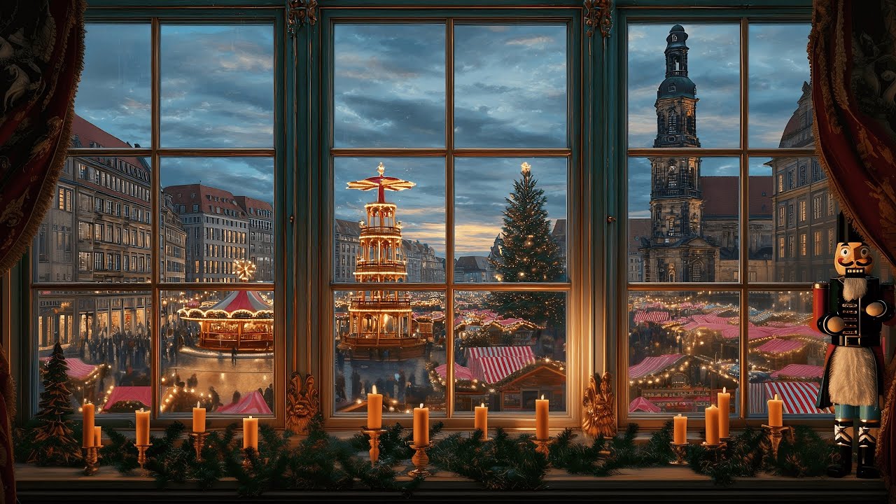 Dresden Striezelmarkt Window Ambience • 3 Hours of Cozy Christmas Music & Snowy Scenery