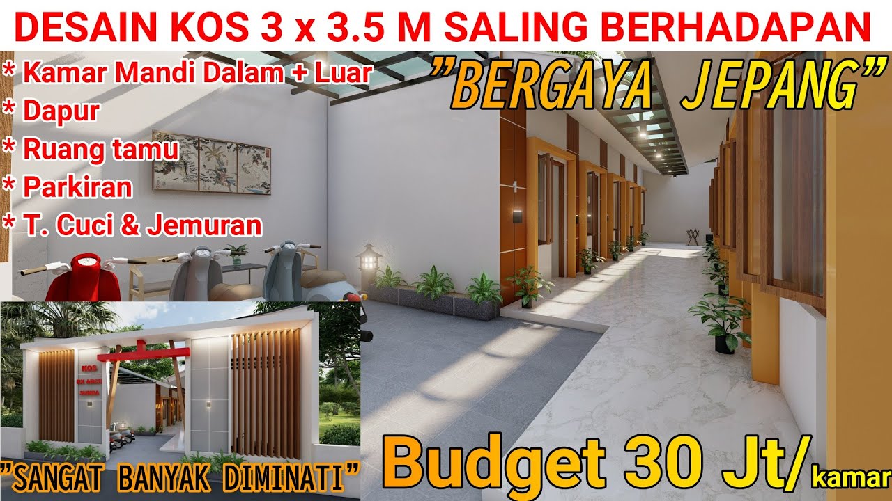 DESAIN KOS 3 X 3.5 M BERGAYA JEPANG || Kamar Mandi Dalam, Dapur R.Tamu, Parkiran, T Cuci & Jemuran