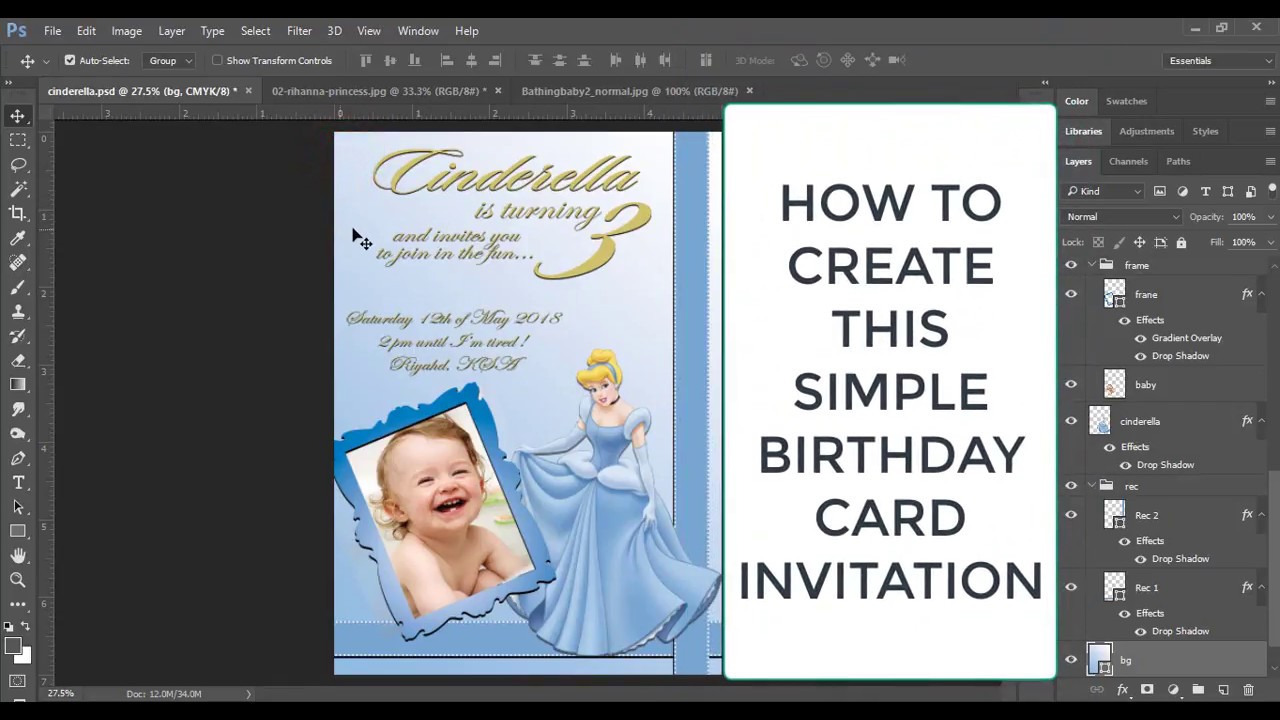 How to create a simple birthday card invitation (Cinderella theme) in Photoshop cc 2015