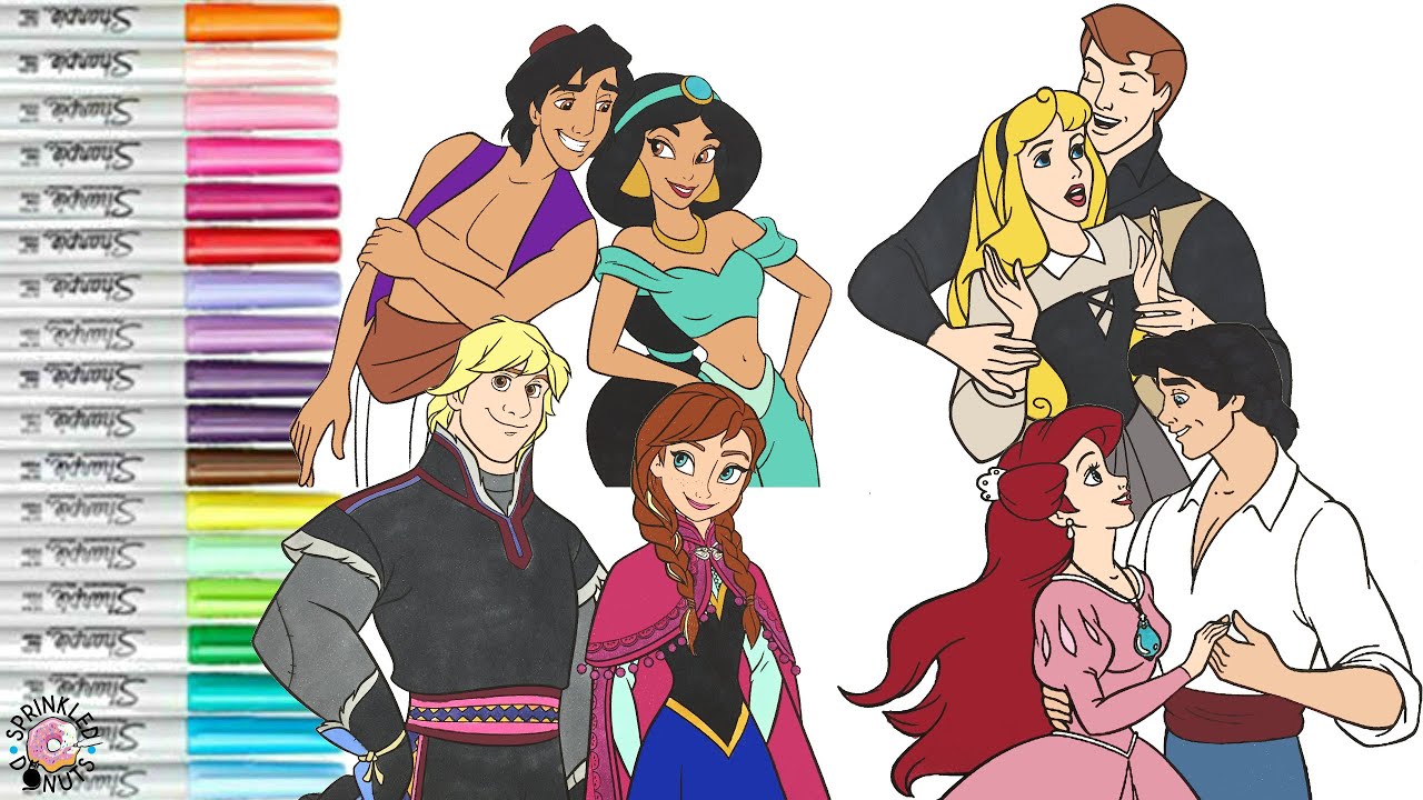Disney Princess Coloring Book Compilation Aurora Phillip Aladdin Jasmine Ariel Eric Anna Kristoff