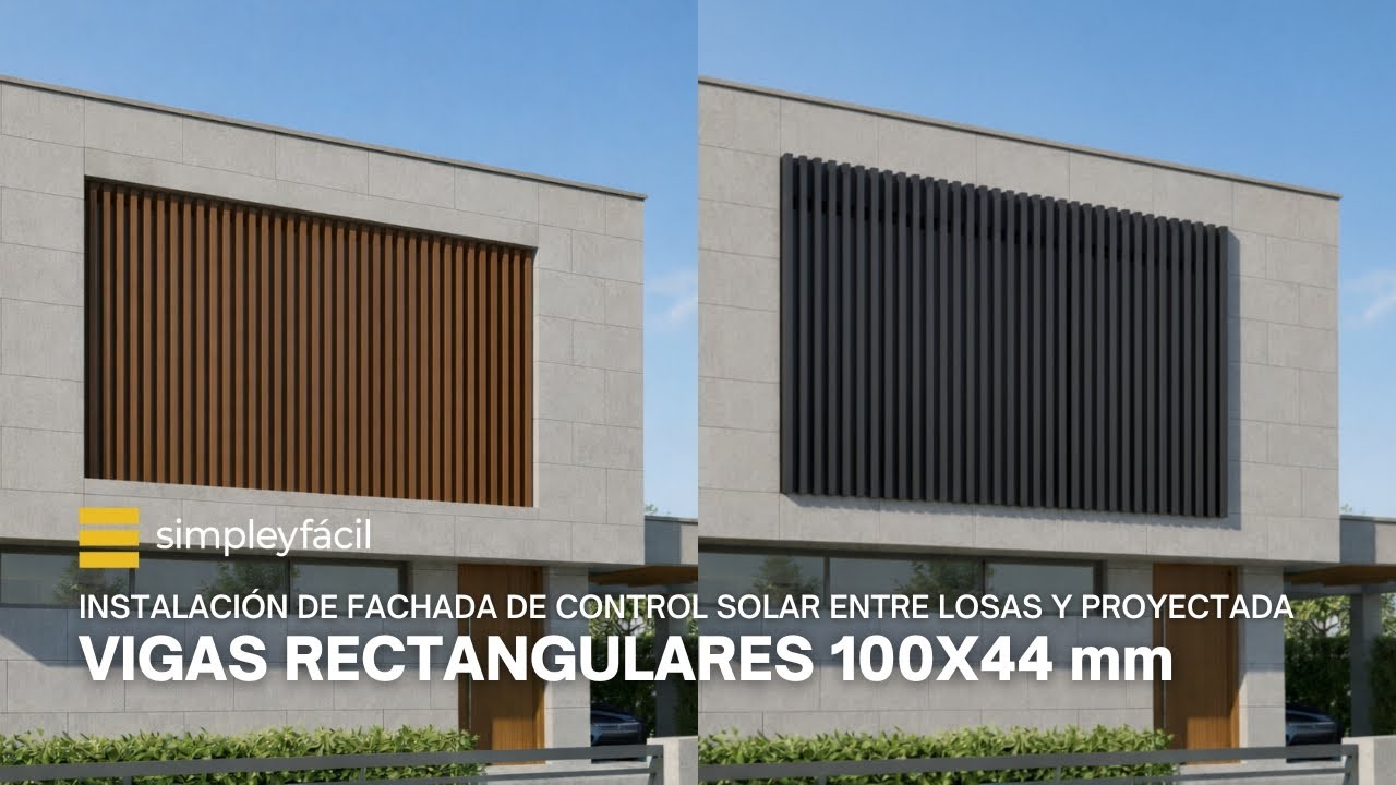 Instalación fachada de control solar entre losas y proyectada con vigas rectangulares 100x44 mm