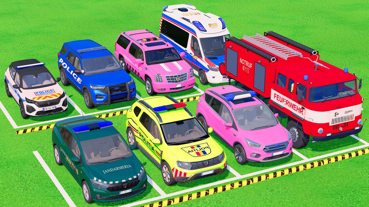VUS GAME - TRANSPORTING POLICE CARS, FIRE DEPARTMENT, AMBULANCE VEHICLES WITH TRUCKS - FS22 #484