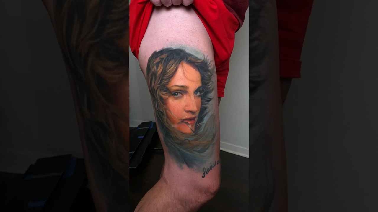 Madonna tattoo done by NYC tattoo artist Royal Jafarov. #tattoo #portraittattoo #madonnatattoo #nyc