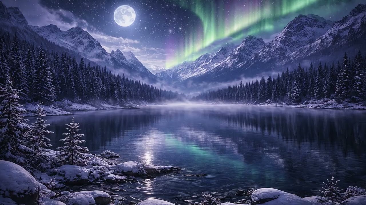 Night Fog Mountains with Aurora Borealis 🌙 – Calm Ambient Screensaver
