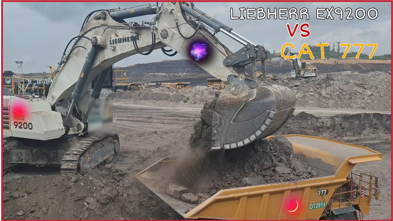 LIEBHERR EX 9200 loading Dumper CAT 777 in Coal mining