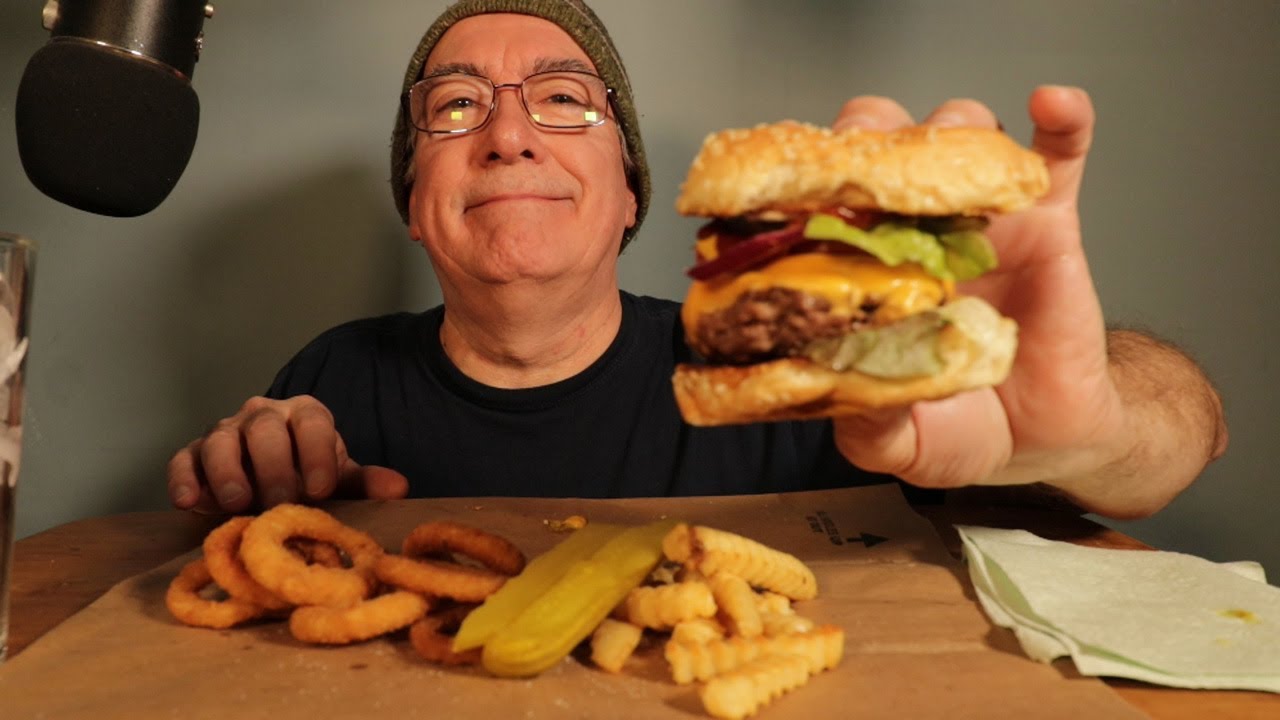 ASMR Eating Homemade Cheeseburger Fries and Onion Rings