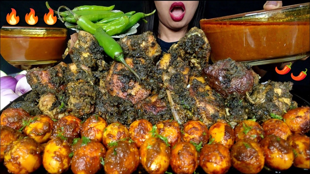 ASMR:EATING SPICY 23 EGGS BHUNA, DELICIOUS BLACK SESAME CHICKEN MASALA,RICE,CURRY,CHILLI,#hungrygirl