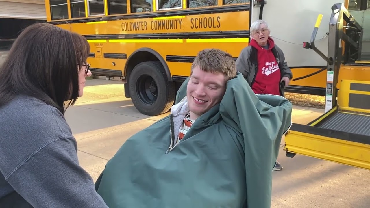 Sam getting on the school bus lift to Waldron for another day of school 3.1.24 @onthatnote
