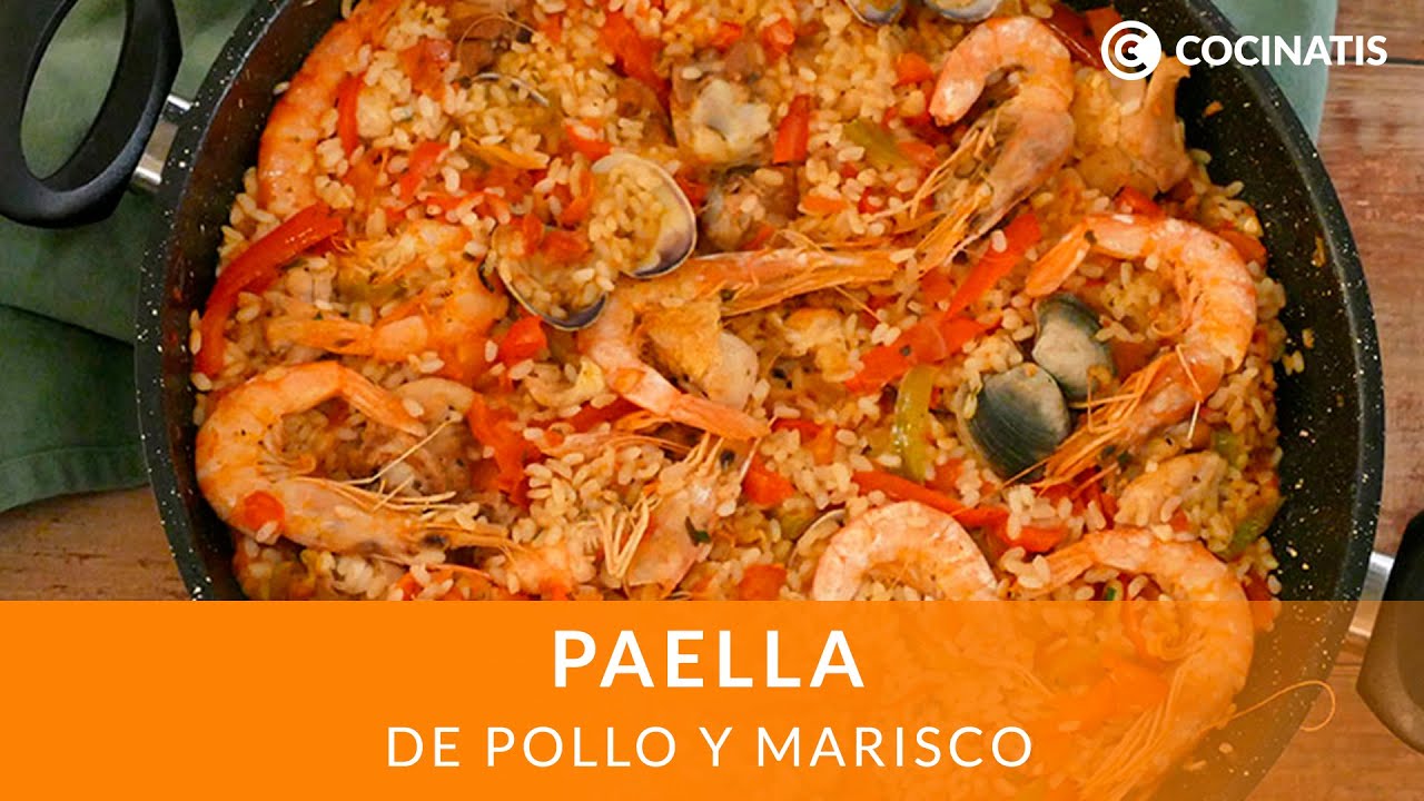 PAELLA DE POLLO Y MARISCO 🥘🍗🦐 Una sabrosa receta de arroz, carne con almejas y gambas - Cocinatis