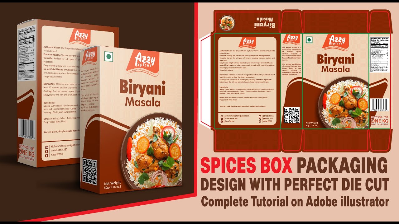 Indian Spices Packaging Box Dieline with Design Complete Tutorial on Adobe illastrator 2025
