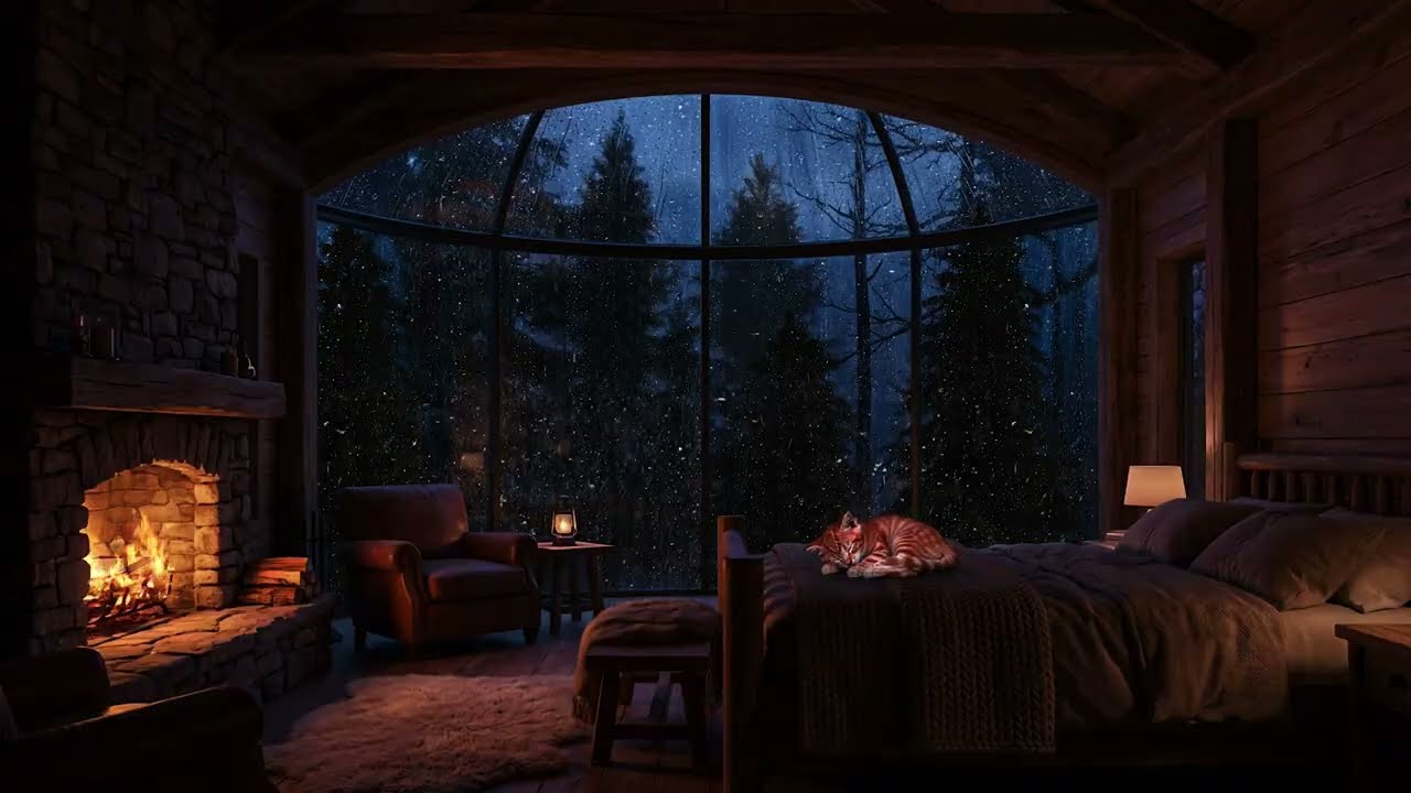 No Ads 🚫 Instant Sleep in a Glass Forest Cabin | Rain, Thunder & Crackling Fire(Black Screen Option)