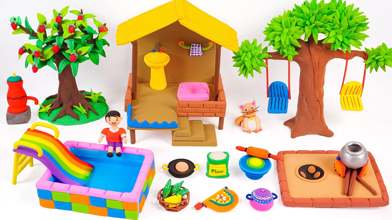 ❤️ Easy To Build Miniature Clay House with Washroom, Mini Slide and Pool, Kitchen Set, HandPump #75
