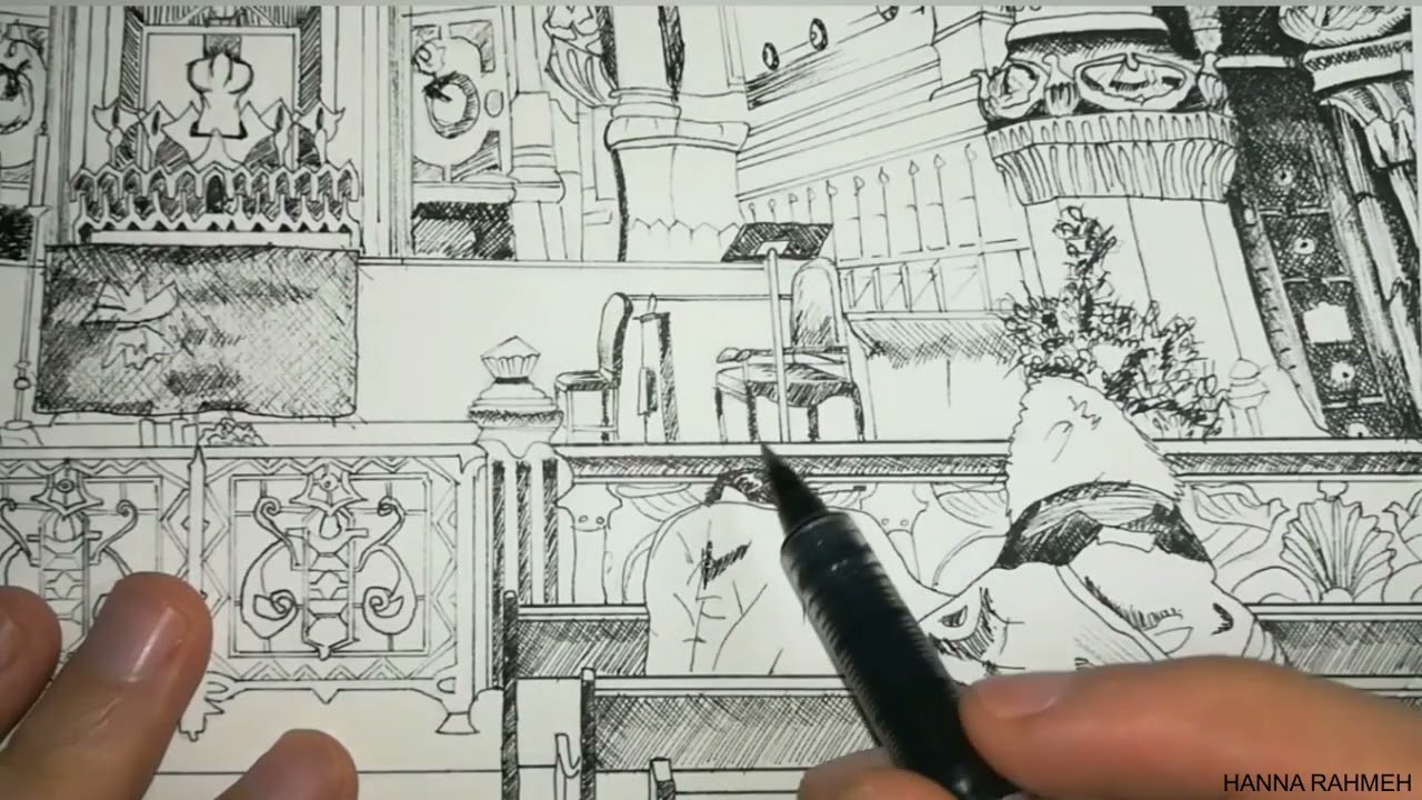 Ink drawing technique, A3 Format, 2022.The Basilica of Notre-Dame de Fourvi&egrave;re, Lyon-France.