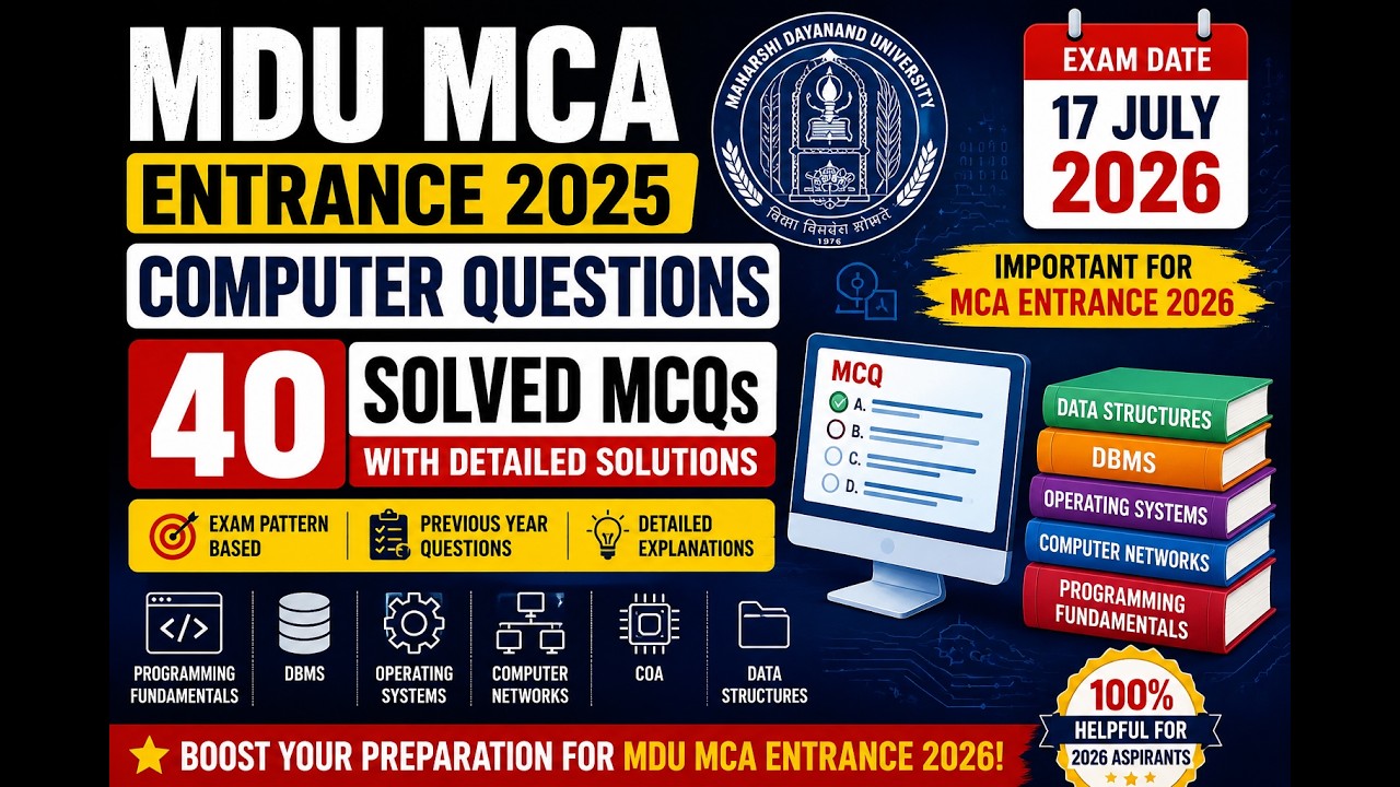 MDU MCA Entrance 2025 Computer 40 MCQs Solved MCQs | Important for MDU MCA Entrance 2026