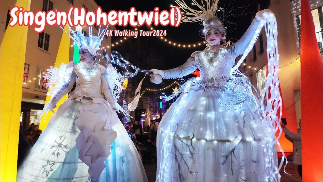 🇩🇪Singen (Hohentwiel): Märchenhafte Weihnachtslichter und Stelzenlauf/4K Walking Tour/Germany