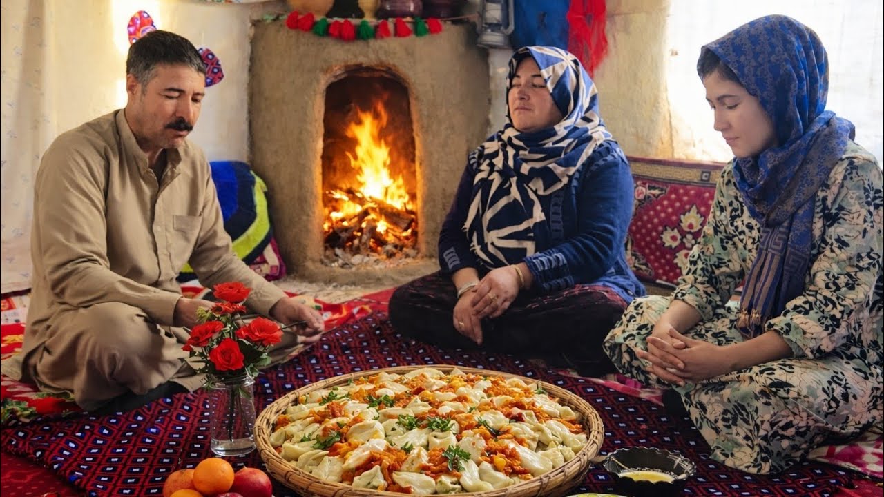 Traditional Afghan Ashak by the Fireplace | Mountain Cooking ASMR