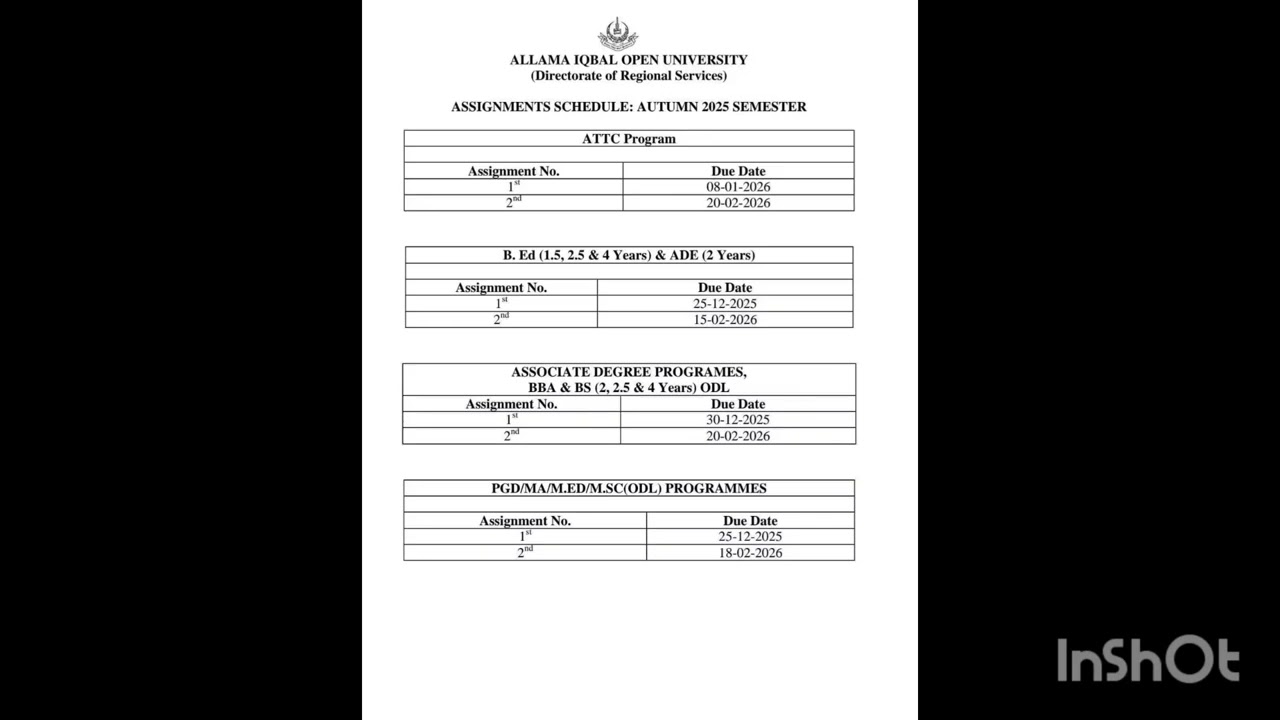 AIOU ASSIGNMENTS SCHEDULE  Autumn 2025 #exam #aiou #admission #open #online
