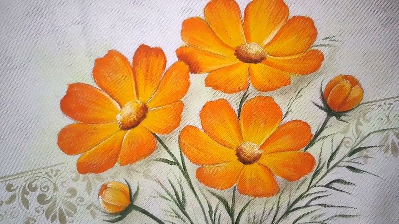 Pintura em tecido - Como pintar flor Cosmea bem f&aacute;cil 
