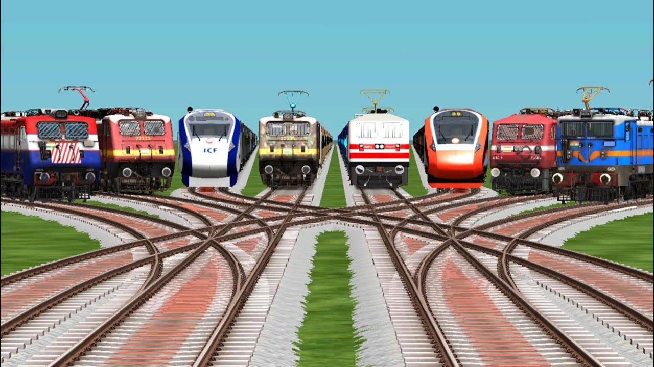 8 Locomotive Trains Crossing By Bumpy Branched Railroad Tracks | train gameplay | train simulators