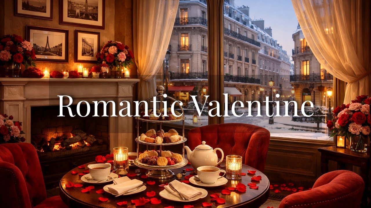 Romantic Valentine’s Day Ambience | Piano Background Music, Cozy Fireplace & Falling Snow in Paris