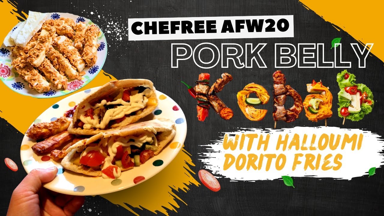 Кебабы из свиной грудинки с чили и медом и картофель фри с сыром Dorito и халуми