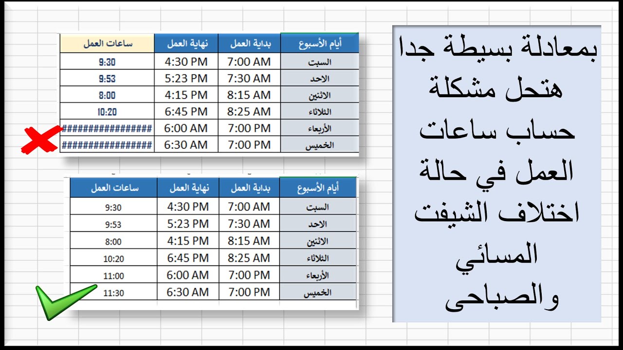 أكسل |(بمعادلة بسيطة جدا) حل مشكلة حساب ساعات العمل فى الاكسل
