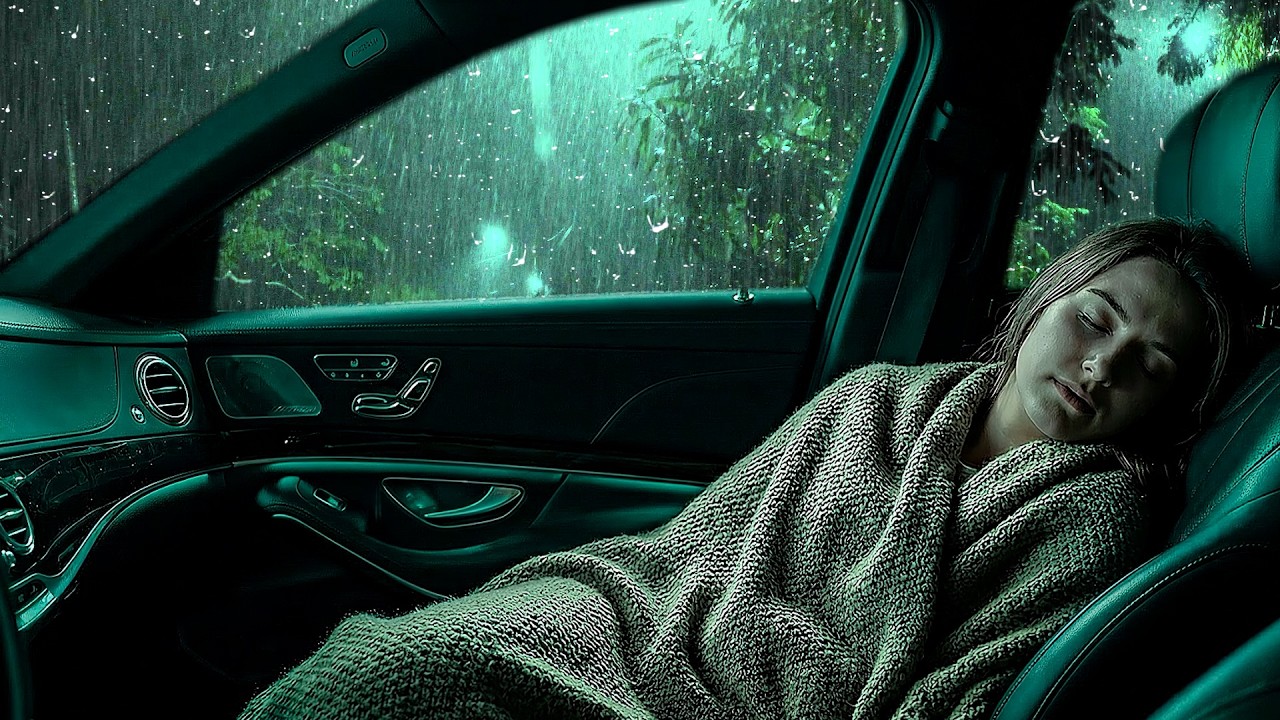 Beat Anxiety to Deep Sleep with Heavy Rain & Thunderstorm on Cozy Car in Overcast Forest at Night