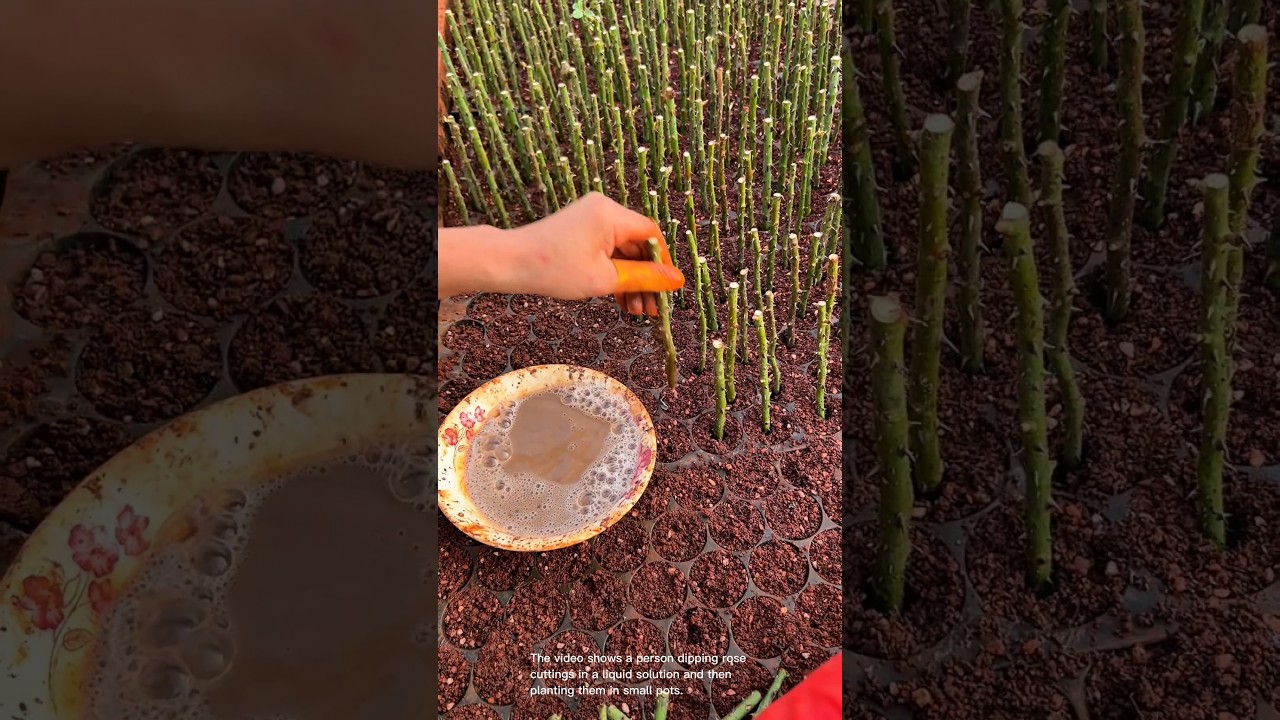 Dipping rose cuttings in rooting hormone solution
