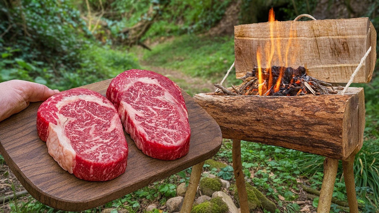 Cooking a Wild Steak on a Hand-Built Log Grill | Bushcraft Cooking #asmrcooking #cooking