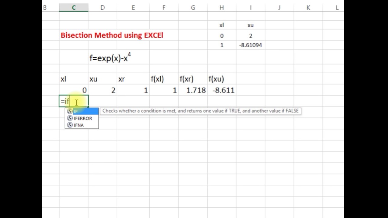Bisection Method in Excel