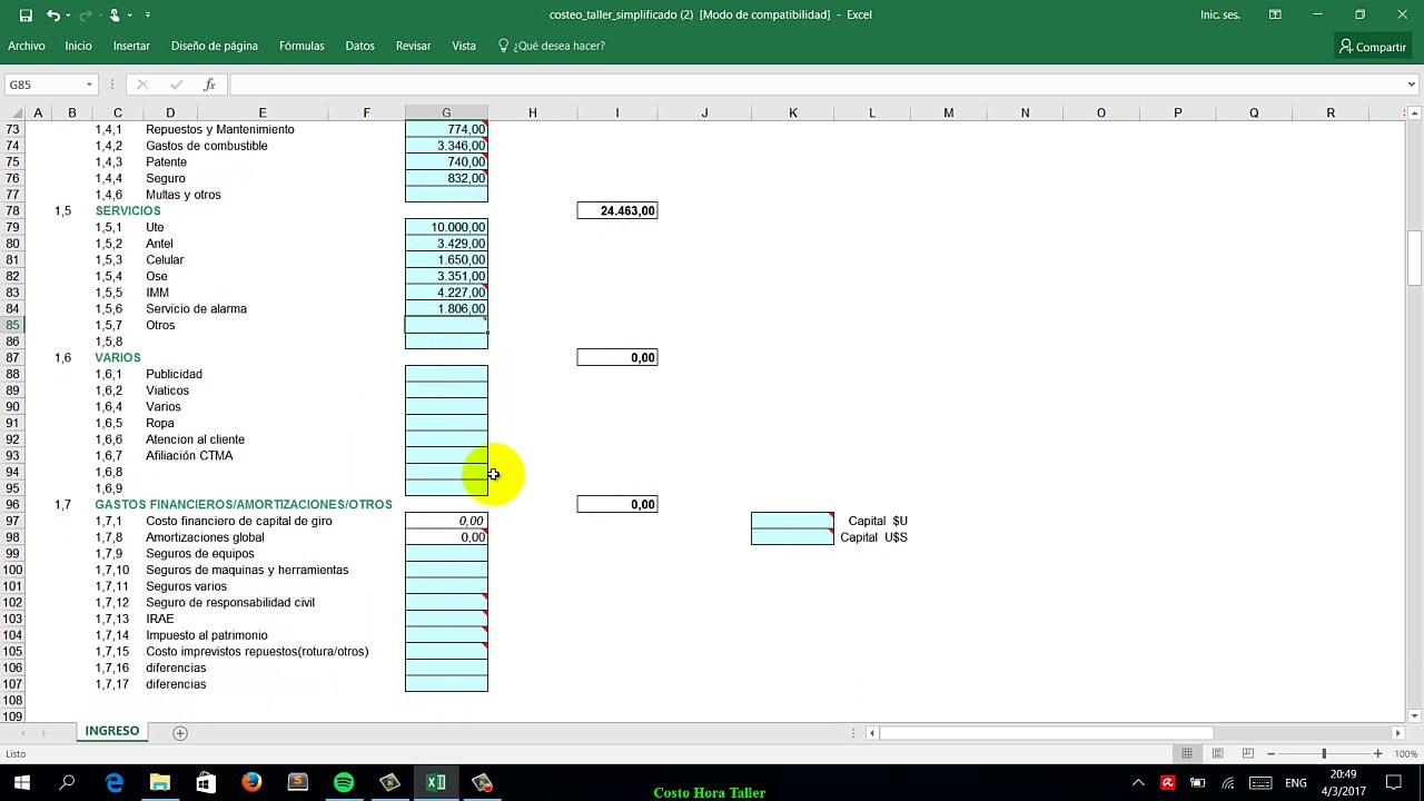 calculo costo hora taller