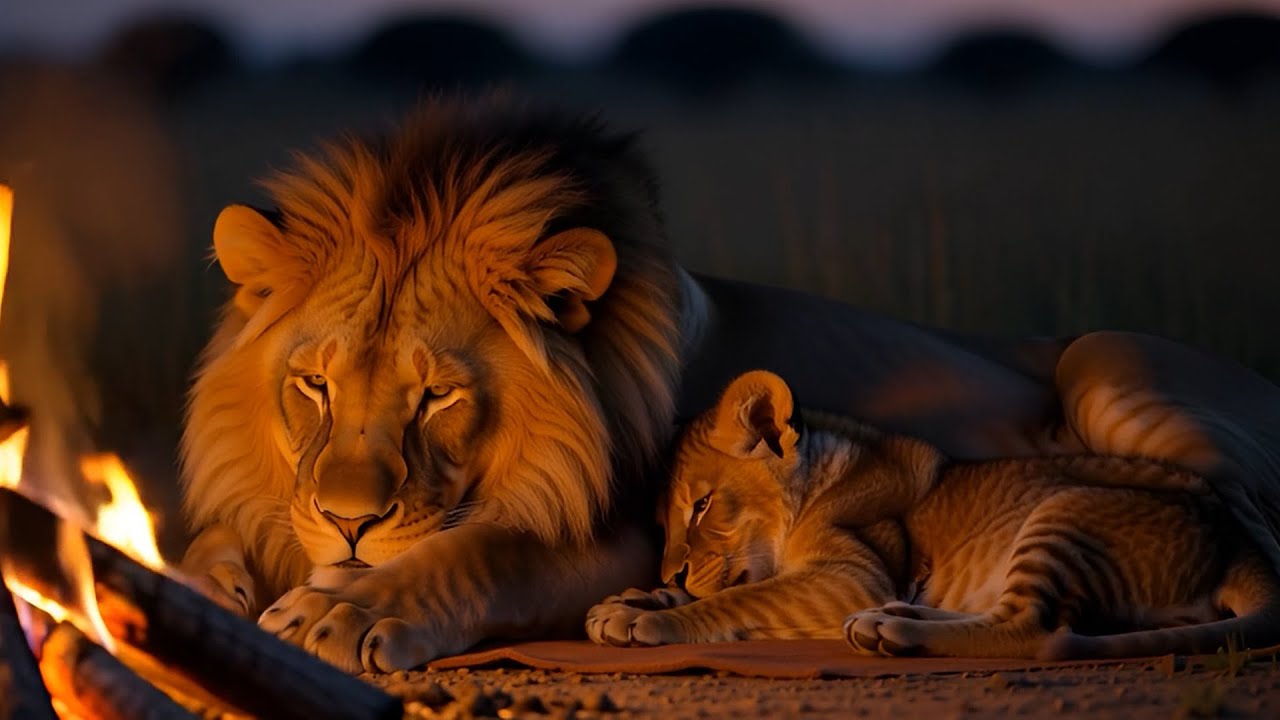 Sleeping pair of lions resting beside campfire in the Namibian savanna | 🔥Crackling Fire Sounds#001