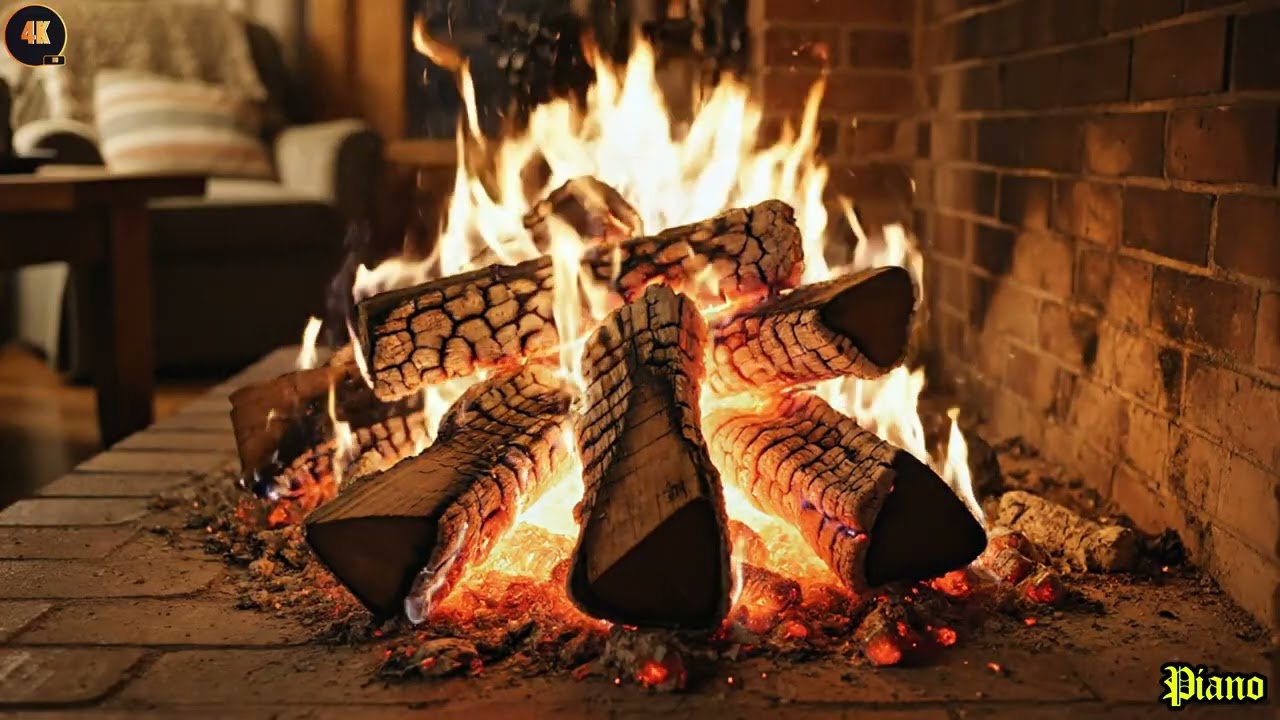 🔥 Piano Fireplace 4K (1:00 HOURS). Fireplace with Crackling Fire Sounds. Crackling Fireplace 4K