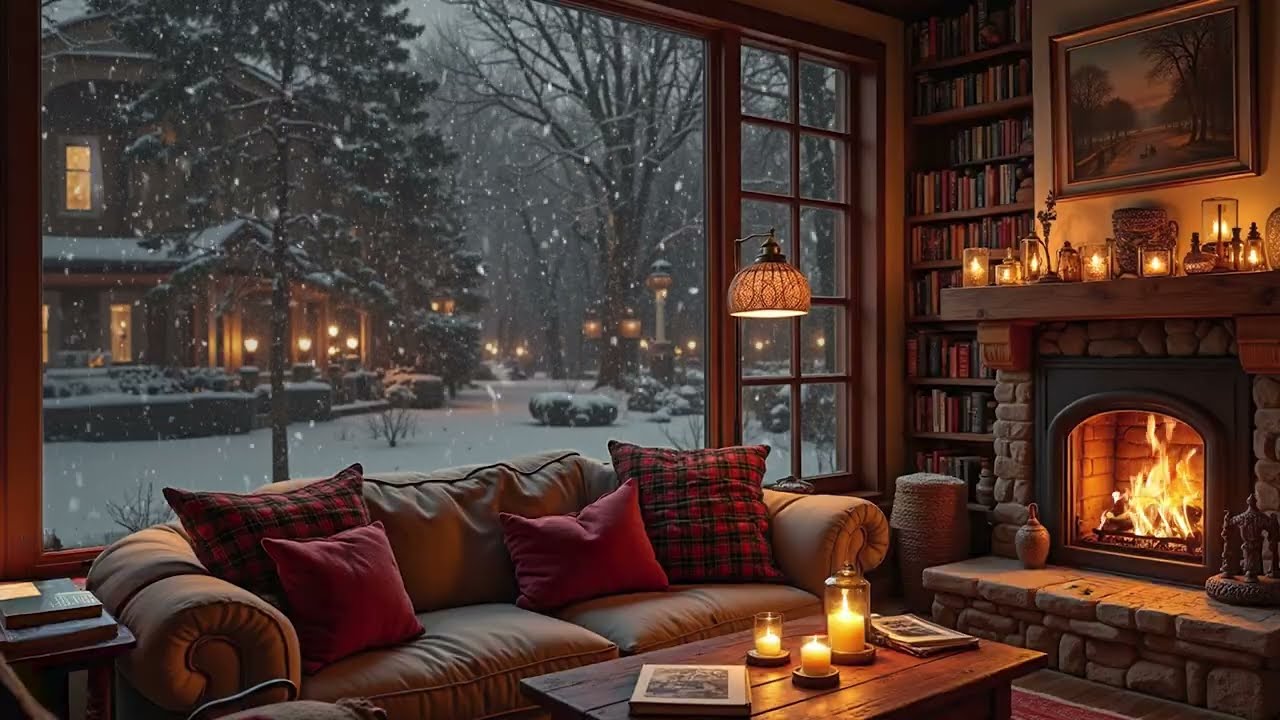 Winter Coffee Shop Jazz Ambience with Soft Piano, Fireplace and Snowy Night for Relaxing