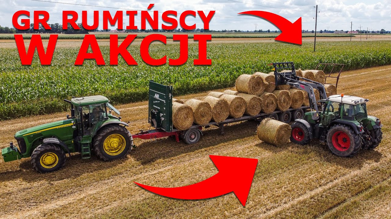 Prasowanie SŁOMY i zbieranie z WIELKIM SPRZĘTEM – JOHN DEERE + FENDT + JCB w GR RUMIŃSCY