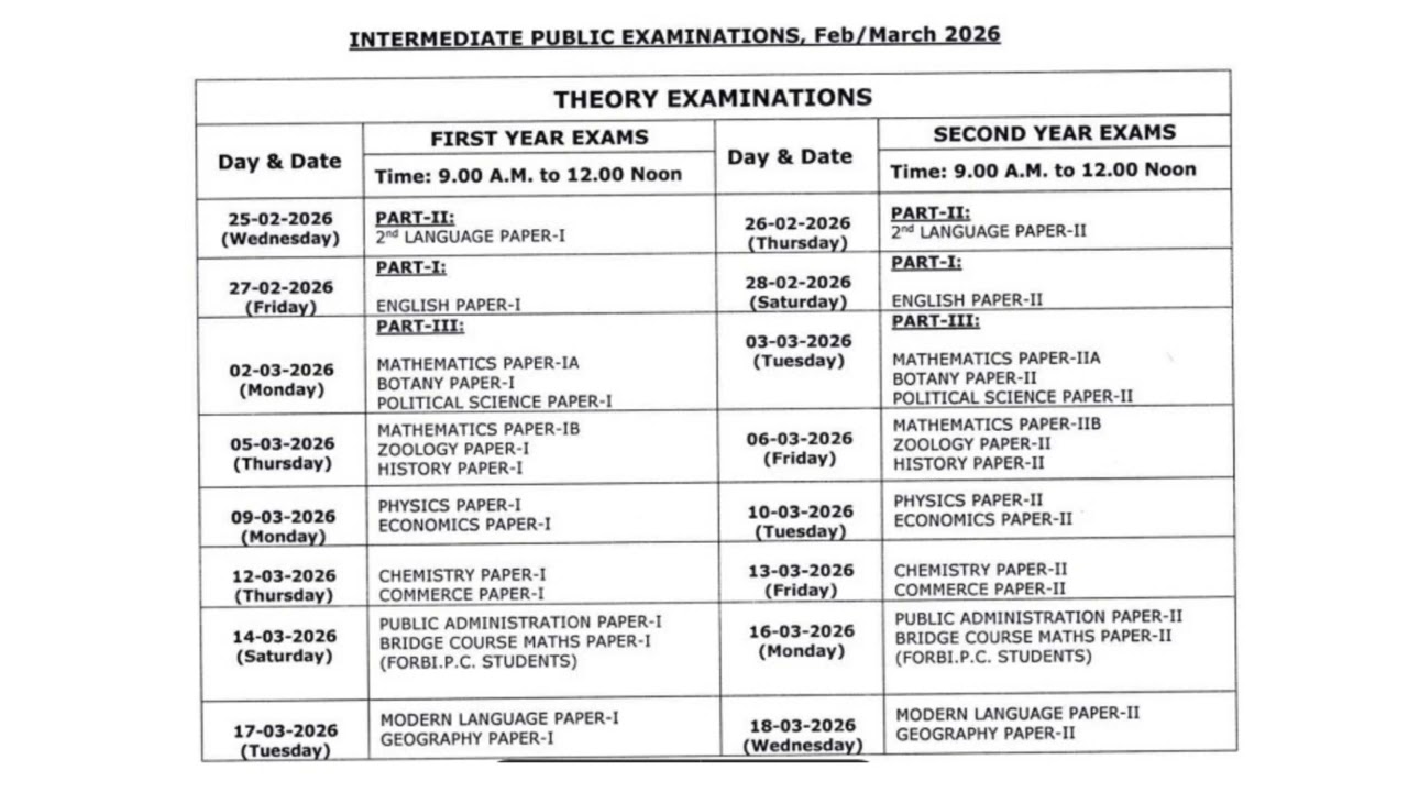 TS Inter Time Table 2026