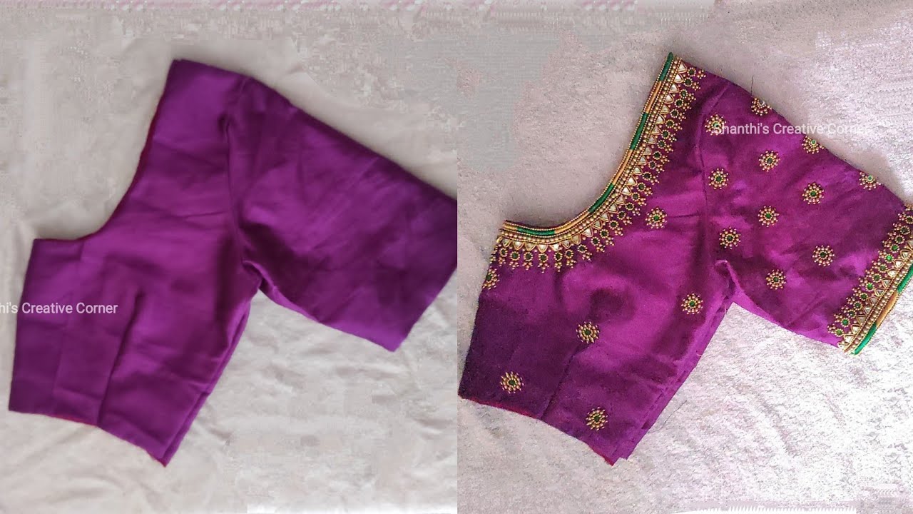 Beautiful & easy aari work on violet stitched blouse using normal needle | Maggam work on stitched