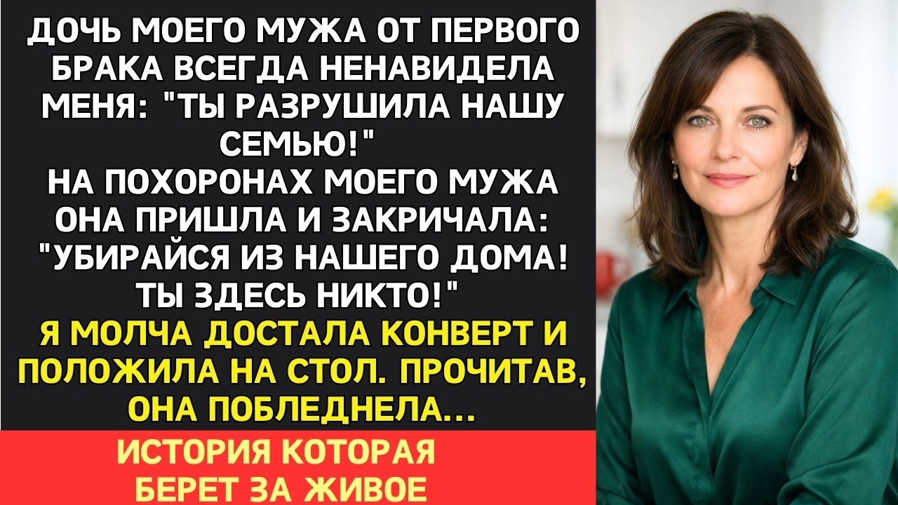 Ненавидящая меня падчерица на похоронах мужа выгнала меня из дома. Я достала конверт и положила на..