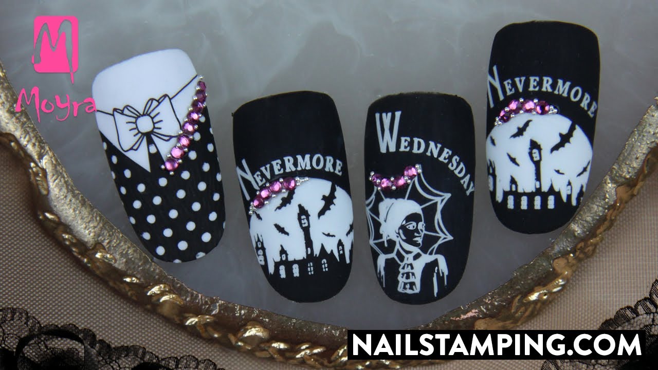 Halloween nail art inspired by Wednesday (nailstamping.com)