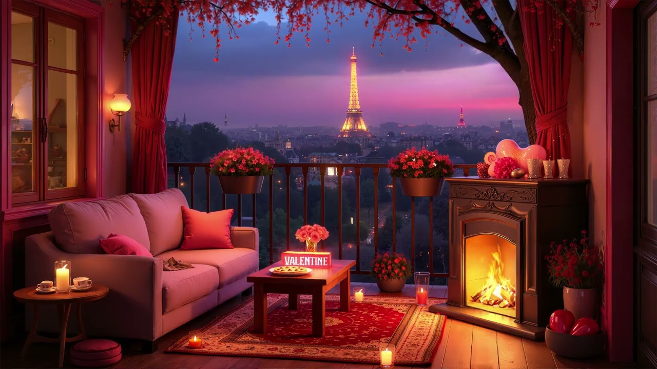 Dreamy Pink Valentine’s Day 2026 Room 💕 Cozy Fireplace & Romantic Jazz Music for Relaxation & Study