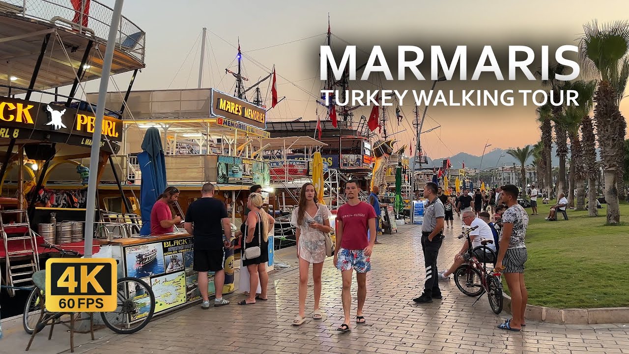Evening walking tour in Marmaris, Turkey 4K 60 FPS | Marmaris old town, Marmaris marina, bar street