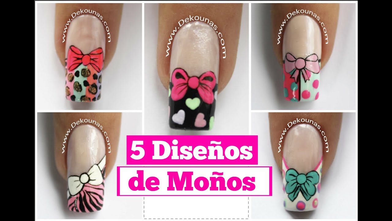 5 diseños de uñas FACIL de moños - 5 easy bow nail art