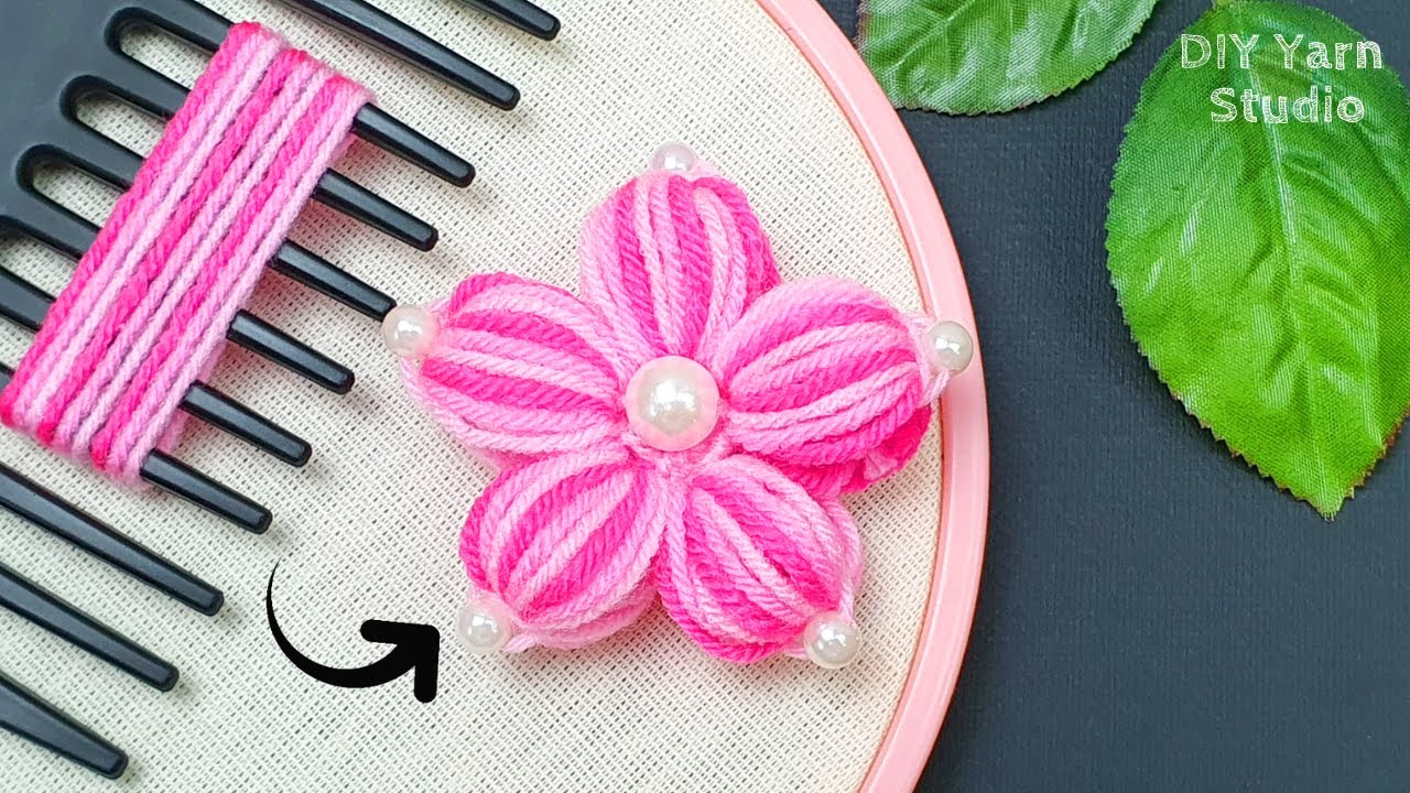 Super Easy Woolen Flower Making with Hair Comb Black & Pink Yarn - Craft Ideas - No Crochet Flowers