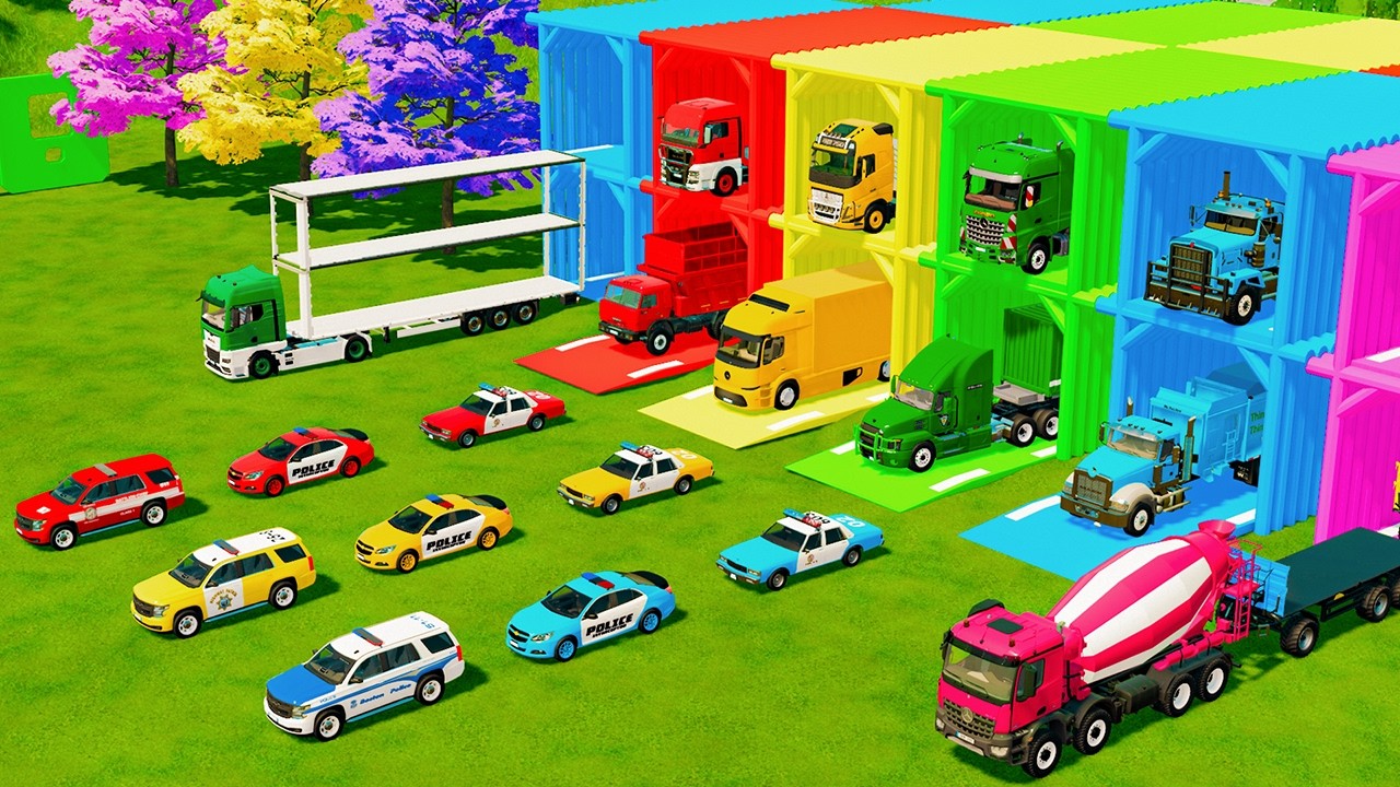 TRANSPORTING ALL POLICE CARS, FIRE ENGINE, DUMP TRUCK & GARBAGE TRUCK TO GARAGE - FS22