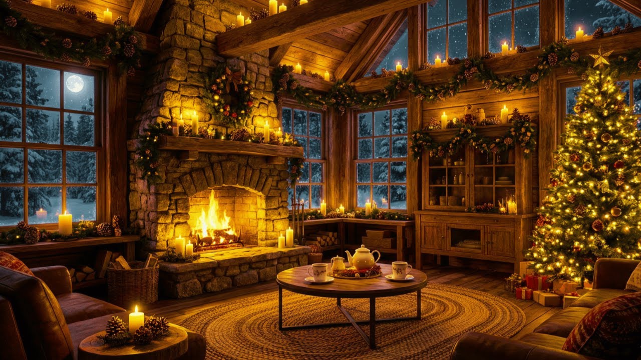 Peaceful Christmas Music 🎄 Cozy Fireplace Ambience & Soft Snowfall for Relaxation