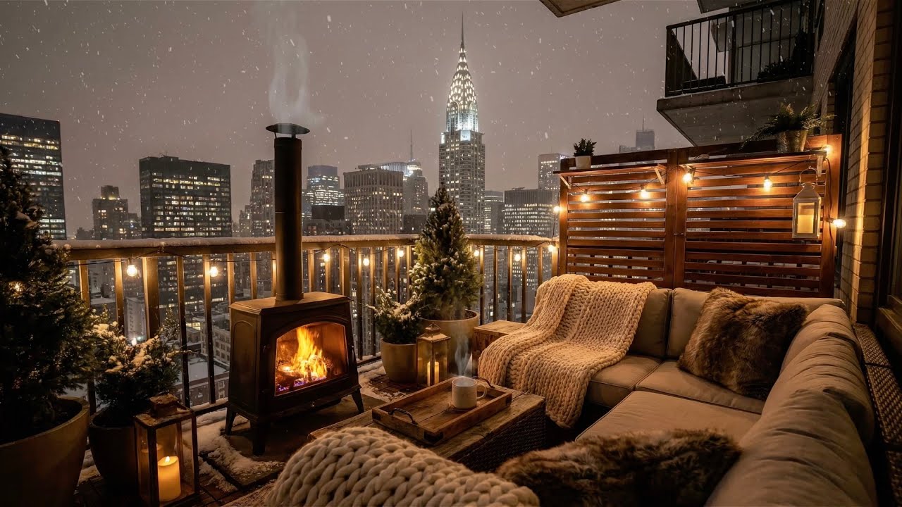 New York City Winter Midnight Balcony Ambience to Sleep, Work, Focus 😴🎧🌨️ (Fireplace Sound)