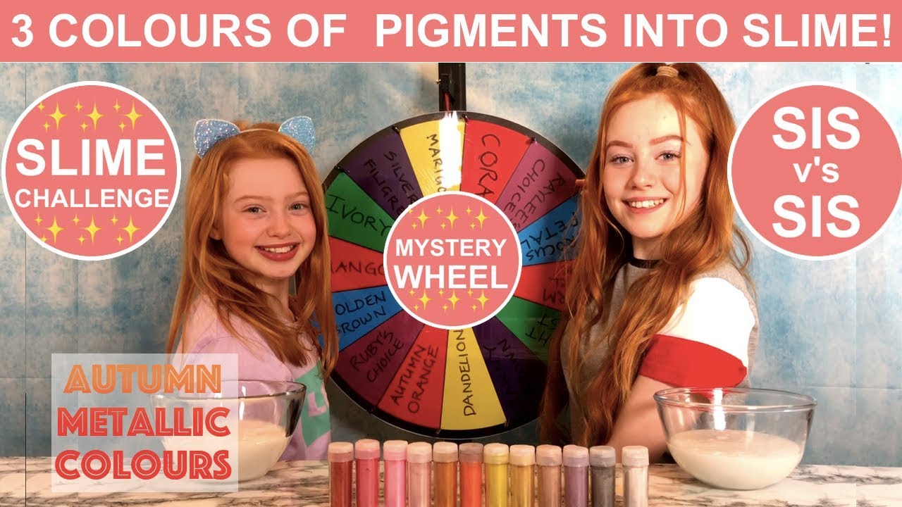 MYSTERY WHEEL MIXING 3 COLORS OF PIGMENT INTO SLIME CHALLENGE | AUTUMN COLOURS | RUBY AND RAYLEE